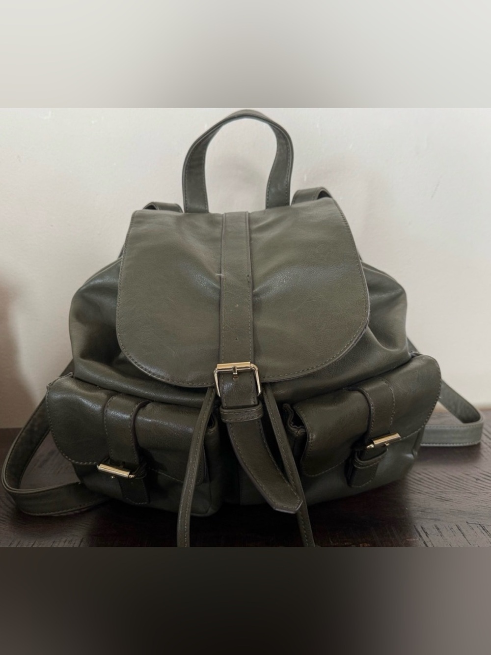 JustFab Olive Green Faux Leather Backpack Purse with Pockets & Gold Hardware